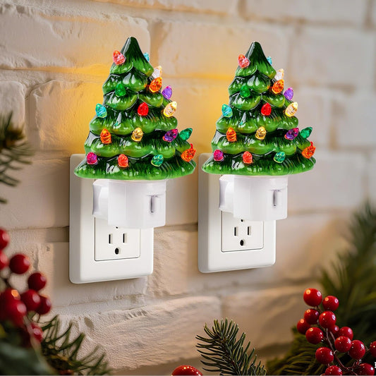 Brightown Ceramic Christmas Tree Night Lights – Vintage 2-Pack Mini Holiday Lamps for Bedroom, Bathroom, Porch & More