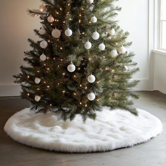 White Faux Fur Christmas Tree Skirt – 48" Luxury Plush Holiday Base Cover, Cozy Floor Decor