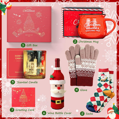 Christmas Gift Basket for Women – Cozy Winter Mug Gift Set with Candle, Socks, Gloves & More
