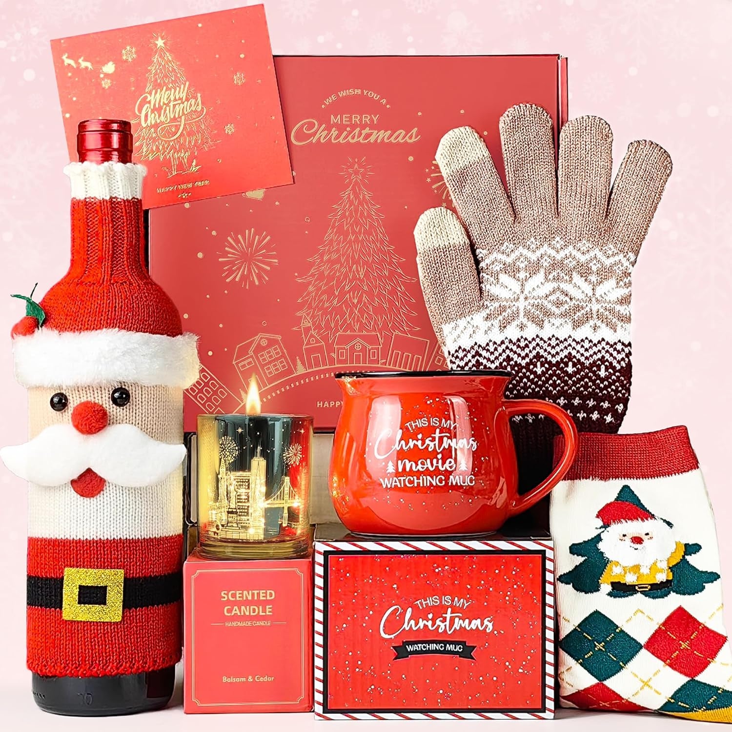 Christmas Gift Basket for Women – Cozy Winter Mug Gift Set with Candle, Socks, Gloves & More