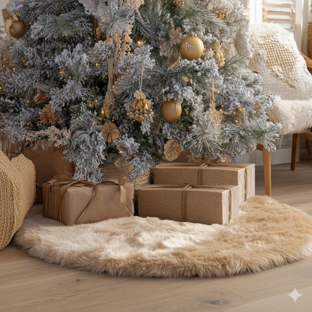 White Faux Fur Christmas Tree Skirt – 48" Luxury Plush Holiday Base Cover, Cozy Floor Decor