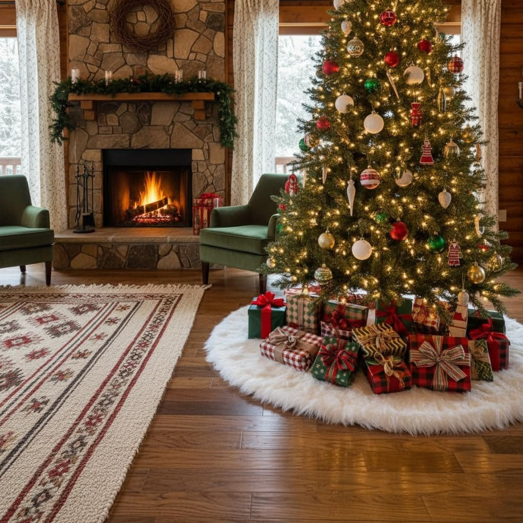 White Faux Fur Christmas Tree Skirt – 48" Luxury Plush Holiday Base Cover, Cozy Floor Decor