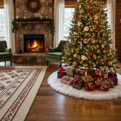 White Faux Fur Christmas Tree Skirt – 48" Luxury Plush Holiday Base Cover, Cozy Floor Decor