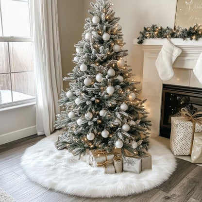 White Faux Fur Christmas Tree Skirt – 48" Luxury Plush Holiday Base Cover, Cozy Floor Decor