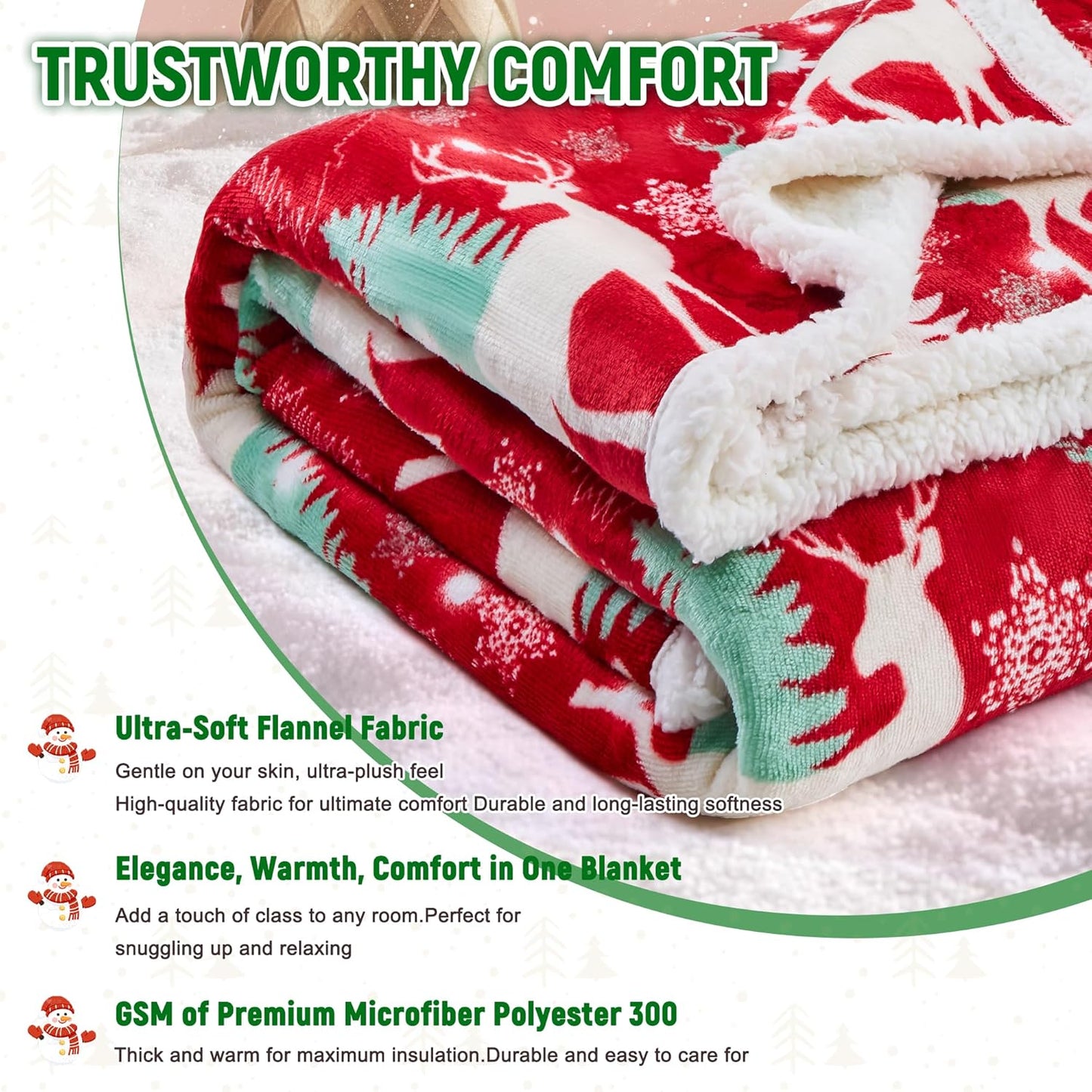 Christmas Sherpa Throw – Fluffy Reversible Holiday Blanket, Cozy 50" x 60" Reindeer Print