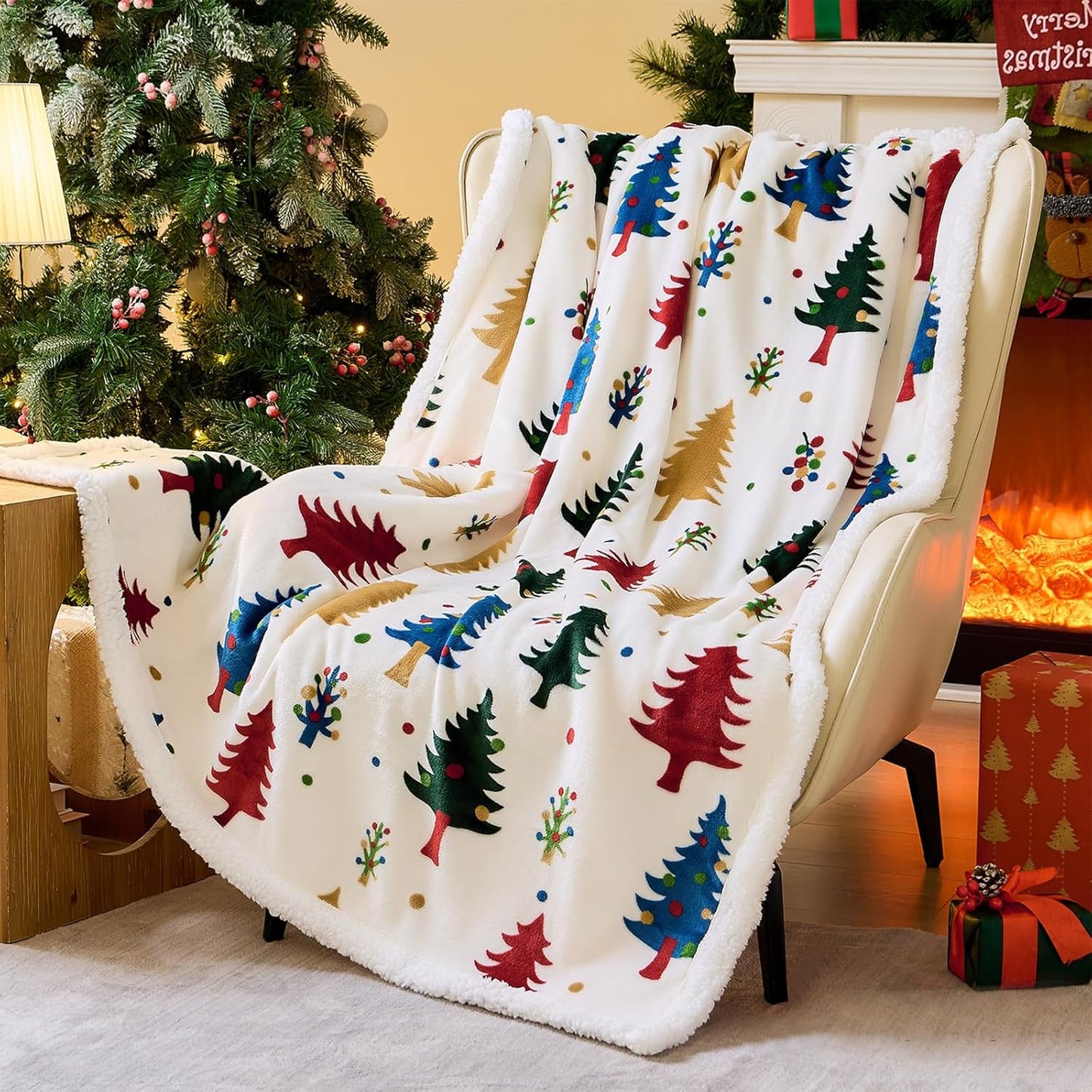 Christmas Sherpa Throw – Fluffy Reversible Holiday Blanket, Cozy 50" x 60" Reindeer Print