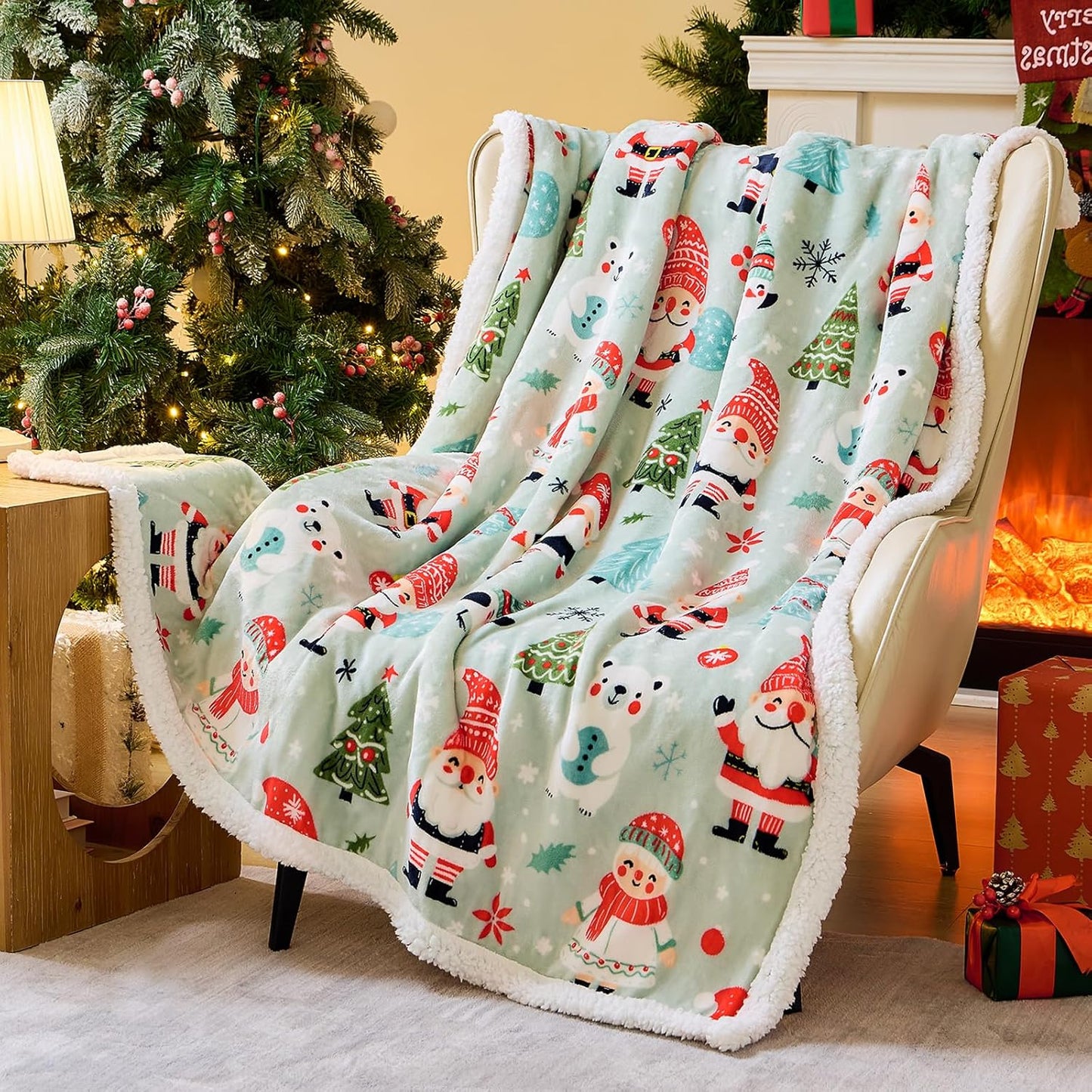 Christmas Sherpa Throw – Fluffy Reversible Holiday Blanket, Cozy 50" x 60" Reindeer Print