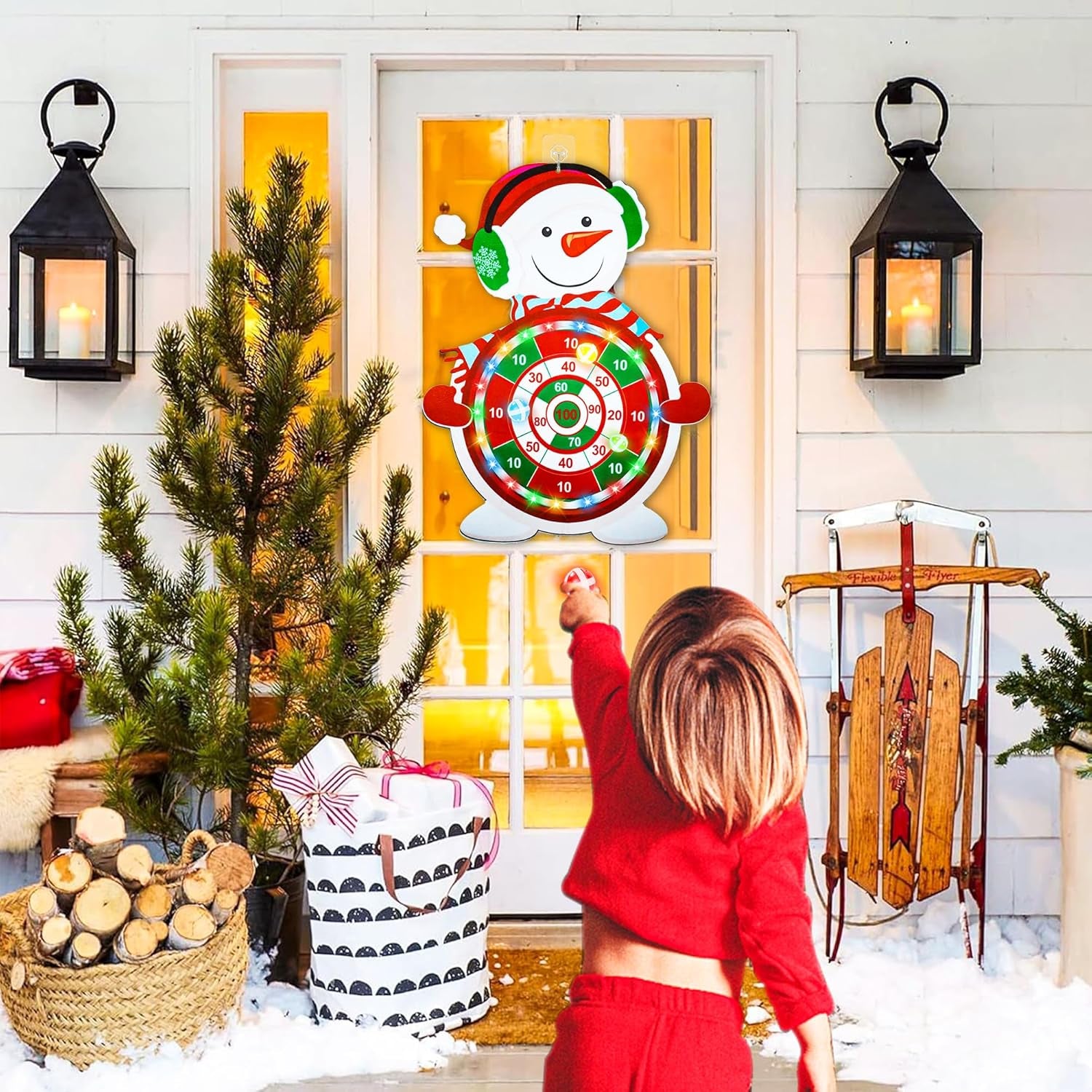 Christmas Light-Up Dart Board Game – Festive Snowman Target With 12 Sticky Balls, Family Party Fun for Kids & Adults