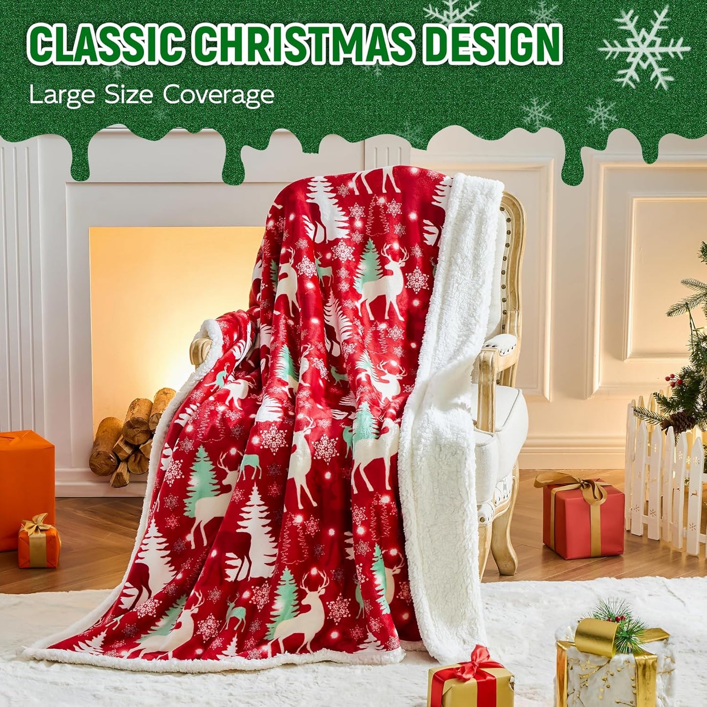 Christmas Sherpa Throw – Fluffy Reversible Holiday Blanket, Cozy 50" x 60" Reindeer Print