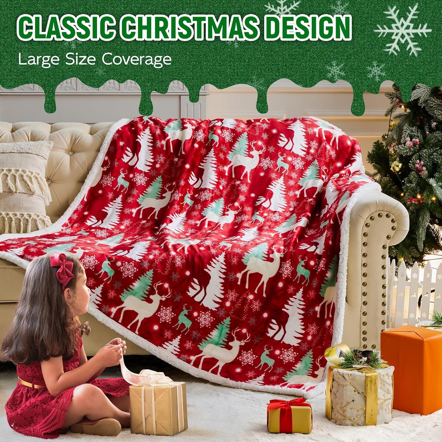 Christmas Sherpa Throw – Fluffy Reversible Holiday Blanket, Cozy 50" x 60" Reindeer Print