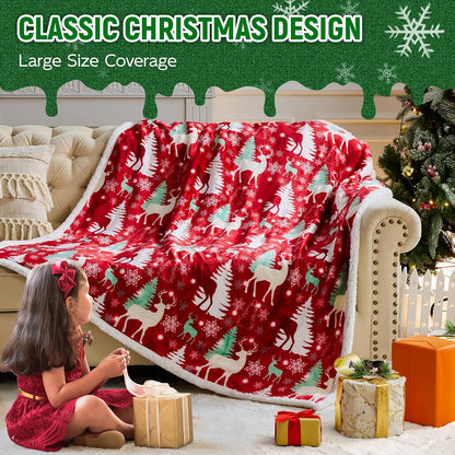 Christmas Sherpa Throw – Fluffy Reversible Holiday Blanket, Cozy 50" x 60" Reindeer Print