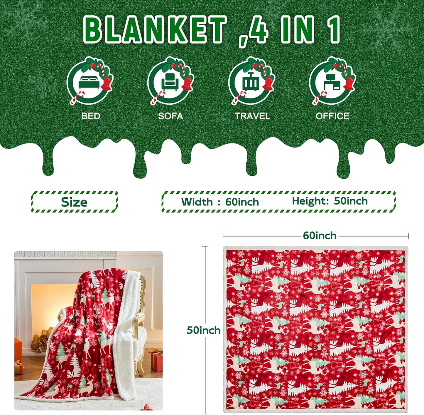 Christmas Sherpa Throw – Fluffy Reversible Holiday Blanket, Cozy 50" x 60" Reindeer Print