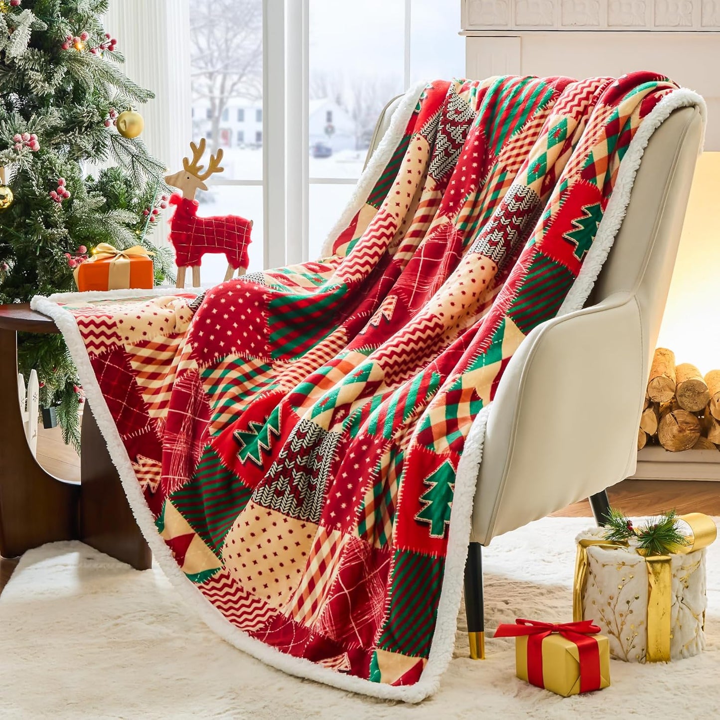 Christmas Sherpa Throw – Fluffy Reversible Holiday Blanket, Cozy 50" x 60" Reindeer Print