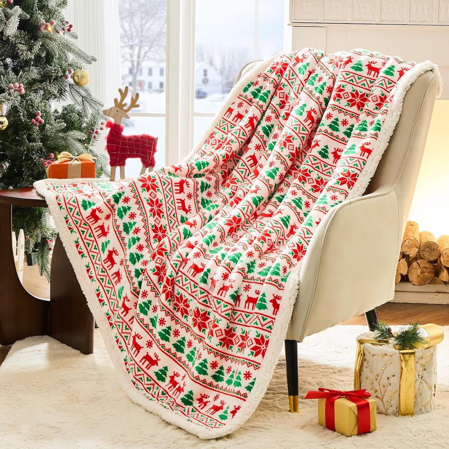 Christmas Sherpa Throw – Fluffy Reversible Holiday Blanket, Cozy 50" x 60" Reindeer Print