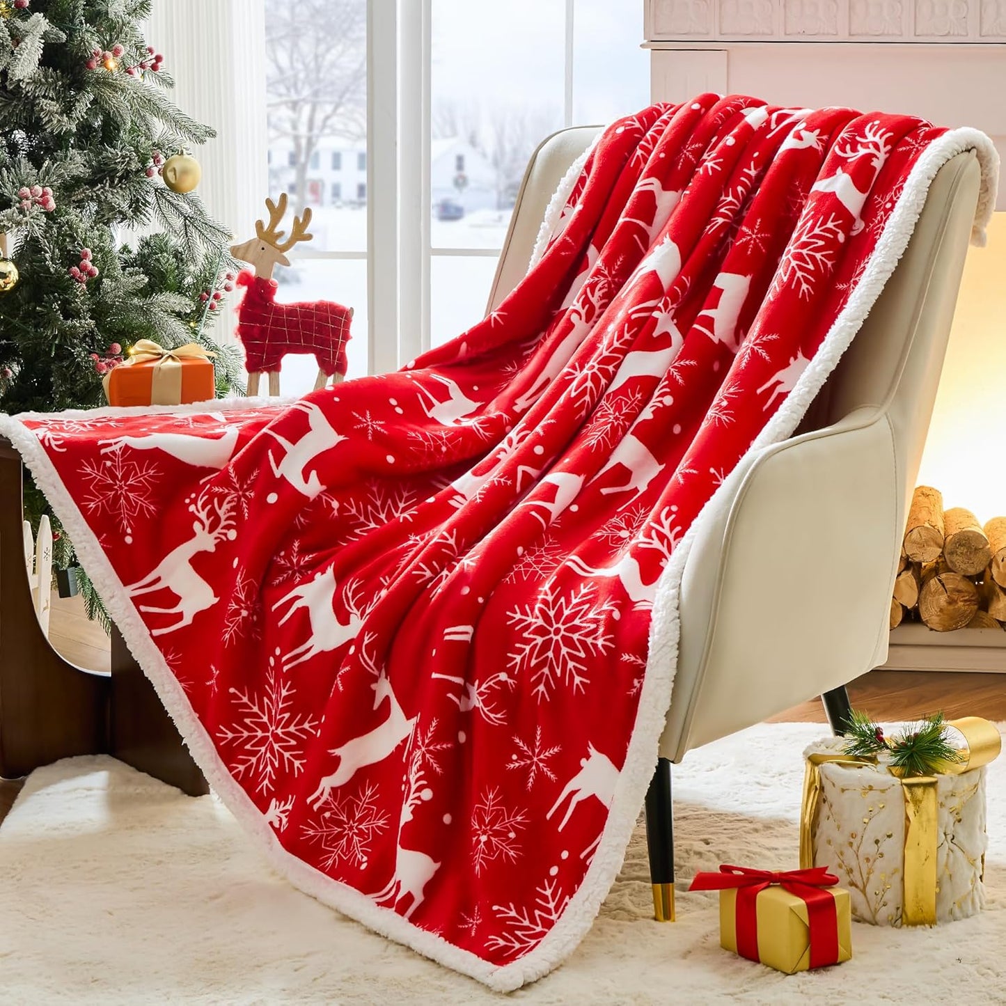 Christmas Sherpa Throw – Fluffy Reversible Holiday Blanket, Cozy 50" x 60" Reindeer Print