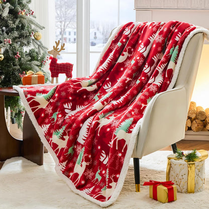 Christmas Sherpa Throw – Fluffy Reversible Holiday Blanket, Cozy 50" x 60" Reindeer Print