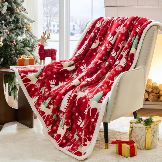 Christmas Sherpa Throw – Fluffy Reversible Holiday Blanket, Cozy 50" x 60" Reindeer Print