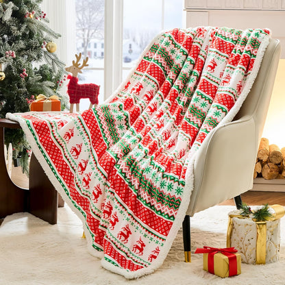Christmas Sherpa Throw – Fluffy Reversible Holiday Blanket, Cozy 50" x 60" Reindeer Print