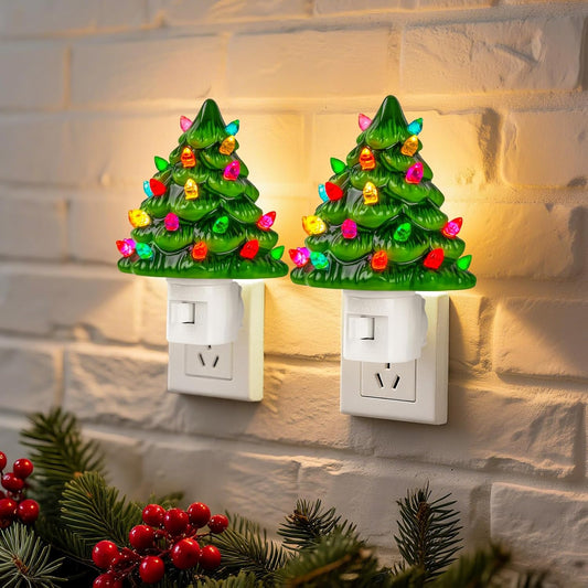 Brightown Ceramic Christmas Tree Night Lights – Vintage 2-Pack Mini Holiday Lamps for Bedroom, Bathroom, Porch & More