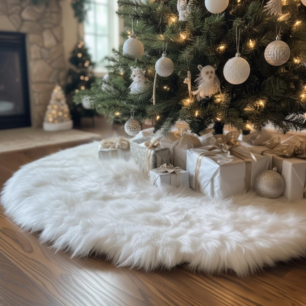 White Faux Fur Christmas Tree Skirt – 48" Luxury Plush Holiday Base Cover, Cozy Floor Decor