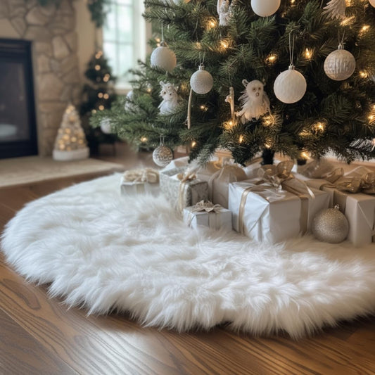 White Faux Fur Christmas Tree Skirt – 48" Luxury Plush Holiday Base Cover, Cozy Floor Decor