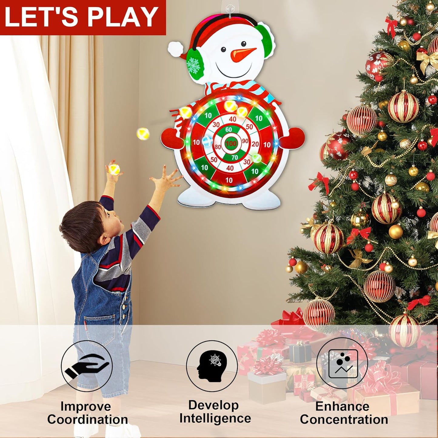 Christmas Light-Up Dart Board Game – Festive Snowman Target With 12 Sticky Balls, Family Party Fun for Kids & Adults